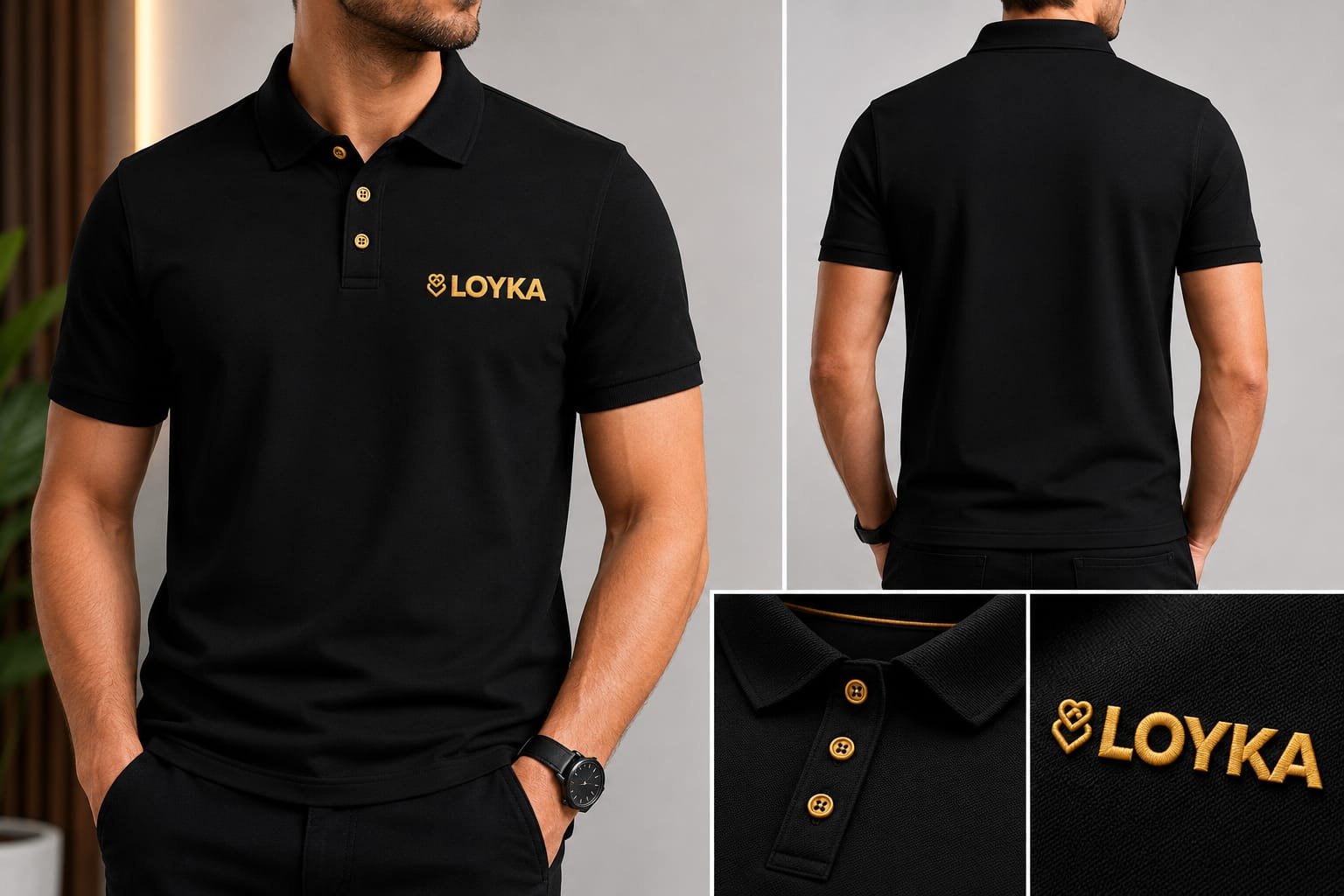 Embroidered polo shirt with premium gold branding, manufactured by VK Apparel