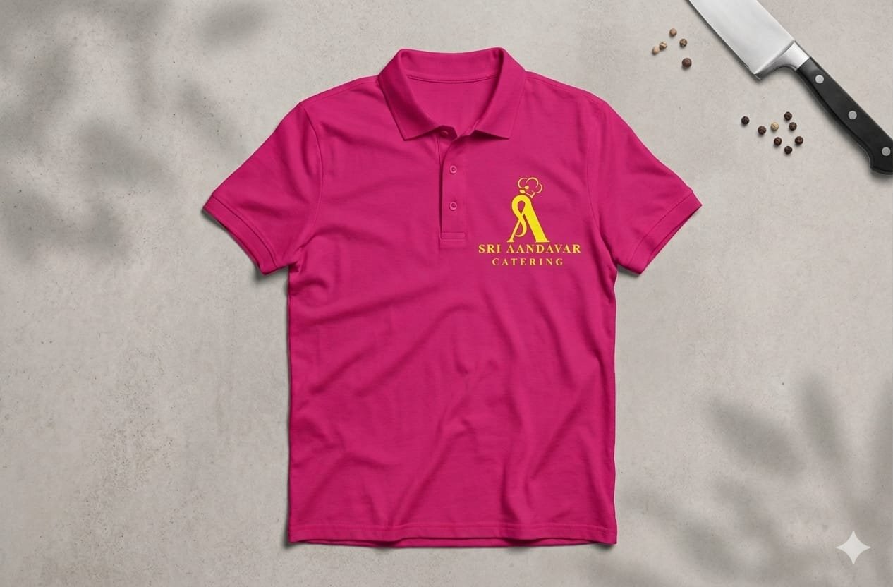 Sri Aandavar Catering branded pink polo shirt